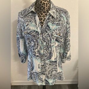 JM Collection Top Blouse 16 Bright Paisley Metal Buttons And Chains On Pockets